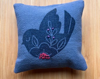 Linen/cotton blend linocut print pincushion “songbird”