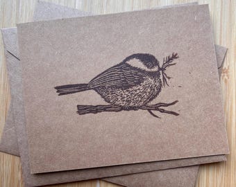 Set of 4 Handprinted Linocut Blank Flat Greeting Cards, “forest”