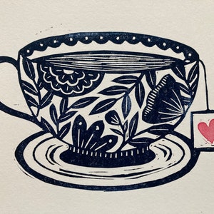 Original Linocut Print, "I Love Tea"