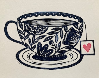 Original Linocut Print, "I Love Tea"