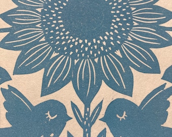 Original Linocut Print, "Summertime" in Light Blue