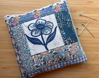 Cotton fabric/linocut print pincushion, log cabin pattern