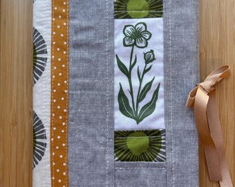 Linoprint and Fabric Patchwork journal cover + blank journal