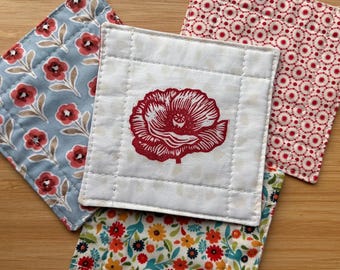 Red Poppy Linocut/linoprint coasters or mug rugs