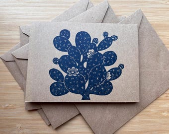 Set of 4 Handprinted Linocut Blank Greeting Cards, "prickly pear”