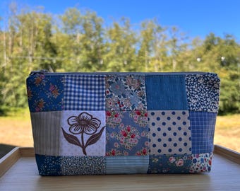 Patchwork Zipper Pouch with Linoprint flower art/Tilda cotton fabrics