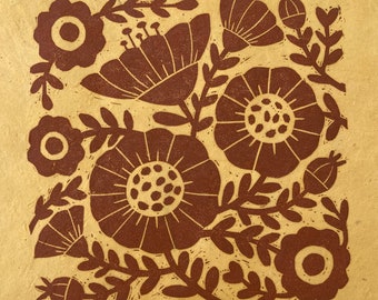Original Linocut Print, "Flowers"