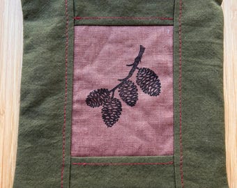 Linen/Cotton Zipper Pouch with Linoprint Art “alder”