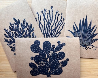 Set of 4 Handprinted Linocut Blank Greeting Cards, "Desert"