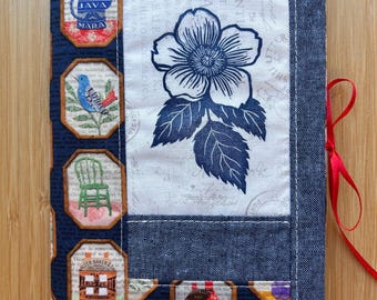 Linoprint and Fabric Patchwork journal cover + blank journal