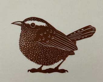 Original Linocut Print, "Wren"