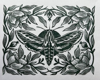 Original Linocut Artwork, "Hummingbird Moth"