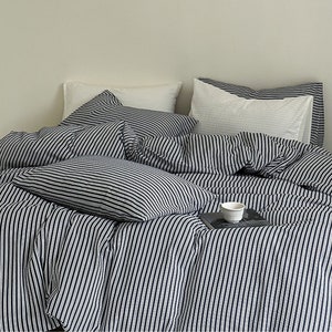 3 Colors-Cotton Seersucker Striped Duvet Cover Queen/Full/Single,White/Pink/Black Cotton Duvet Cover & 2 Pillowcases,Dorm Bedding Set