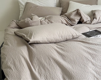 2 Colors-Cotton Seersucker Duvet Cover Queen/Full/Single,Khaki/Gray Solid Color Cotton Duvet Cover & 2 Pillowcases,Dorm Bedding Set Winter