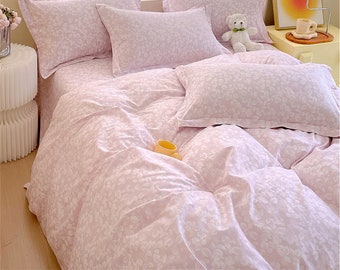Housse de couette à imprimé feuilles roses pour grand lit/lit simple/double/Très grand lit, housses de couette 100 % coton, parure de lit personnalisée pour dortoir unisexe, drap de lit, taie d'oreiller