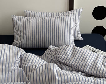 100 % coton housse de couette grand lit simple, rayures jaunes/bleues housses de couette en coton avec 2 taies d'oreiller grand lit simple, ensemble de literie pour dortoir