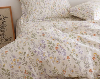 Cotton White Floral Print Duvet Cover Queen/Twin/Full/King,Cotton Duvet Covers Kids,Dorm Bedding Spring,Pillowcase,Fitted Sheet,Quilt Cover