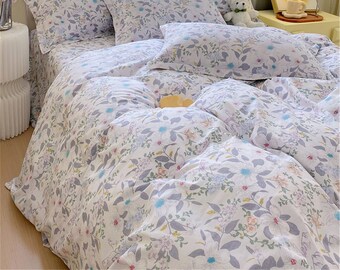 Housse de couette en coton pour grand lit/lit simple/double/ très grand lit, fleurs blanches et feuilles grises, parure de lit personnalisée pour dortoir, drap de lit, taie d'oreiller