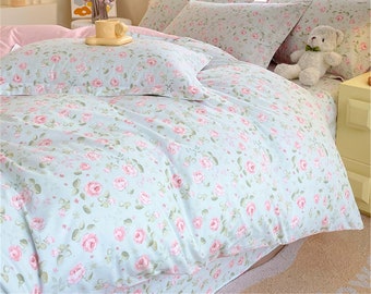 Housse de couette florale verte pour grand lit double/double/lit king size avec fleurs roses, housse de couette 100 % coton, parure de lit personnalisée pour dortoir, drap de lit, taie d'oreiller