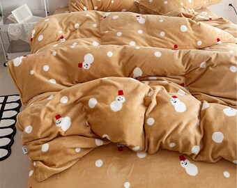 Christmas Bedding Gift,Brown Flannel Duvet Cover Twin/Full/Queen/King,Gingerbread Man Print Duvet Covers,Customized Size Bedding Set Warm