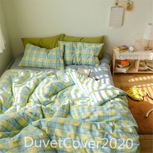 100% Cotton Duvet Cover Rainbow/Blue/Green/Pink Big Plaid Duvet Covers Full/Queen,4 PC Set Quilt Cover+Flat Sheet+Pillowcases,Bedding Cotton