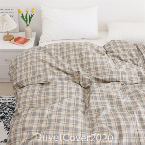 100% Cotton Plaid Duvet Cover Twin Full Queen King,Khaki Gray Plaid Duvet Cover Set With 2 Pillowcases,Customized Beddings 3 PC Set