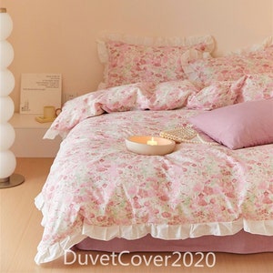 100% Cotton Pink Floral Duvet Cover Full/Queen With Falbala Duvet Covers Set,Quilt Cover Zipper Closure,3 pc Set Beddings Queen/Full