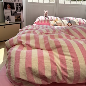 5 Colors Striped Duvet Cover Queen Full Twin,Cotton 4 PC Set Duvet Covers +2 Pillowcases+Sheet,Pink/Green/Brown/Purple/Gray Dorm Bedding Set