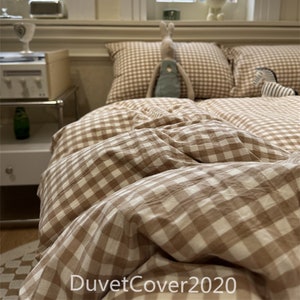 Brown Plaid Duvet Cover Queen/Twin/Full/Single,100% Cotton Duvet Covers,Vintage Dorm Cotton Bedding Set,Shame Cover,Bed Fitted Sheet
