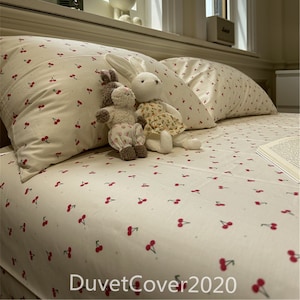 100% Cotton Cream White Cherry Printed Fitted Sheets Twin/Full/Queen Dorm Bedding Set,Bed Sheet,Simple Fitted Sheets,Pillowcases Cotton