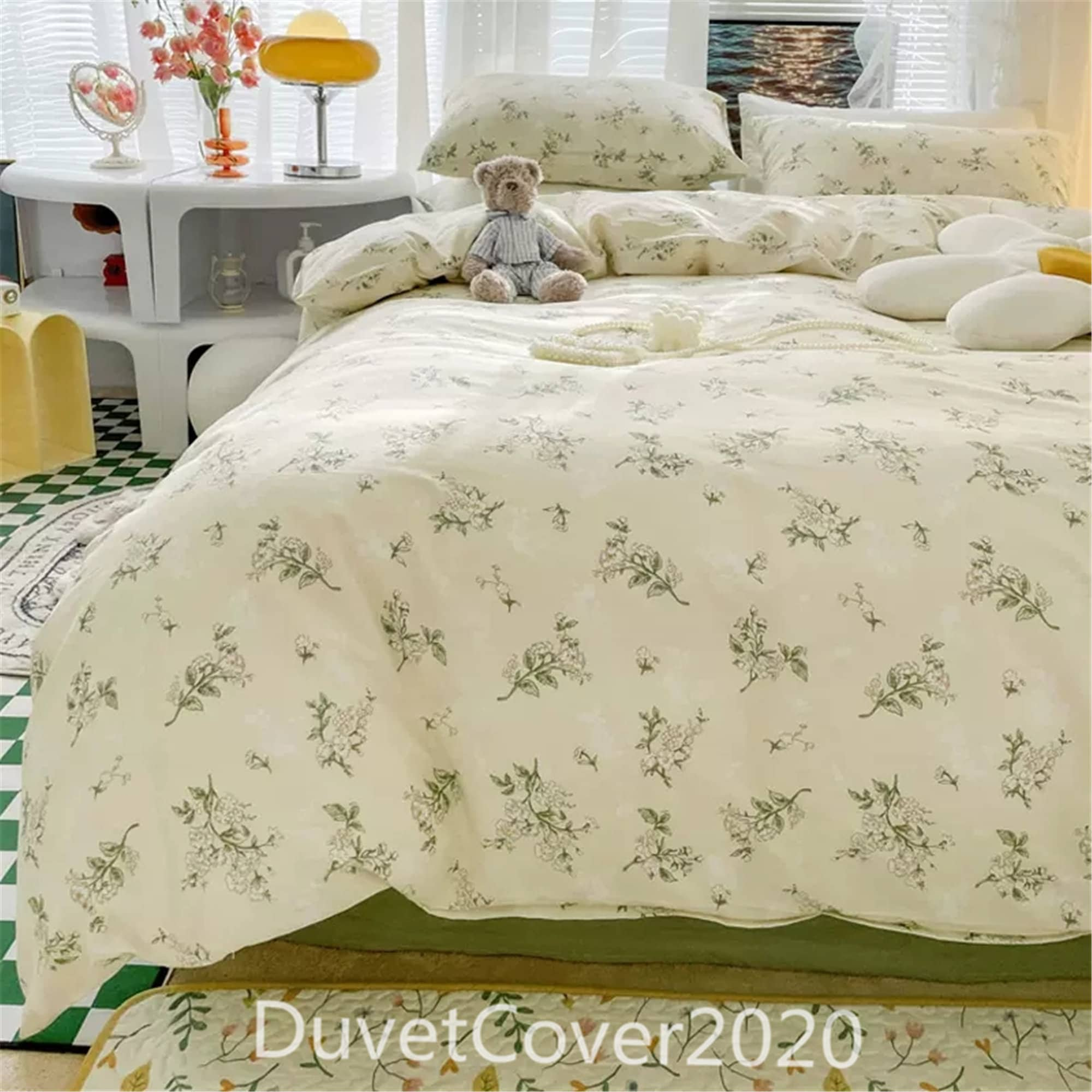 Floral Duvet Cover Set White Organic Cotton Duvet Cover Cottagecore Flower  Printed Reversible Bedding Set King Size