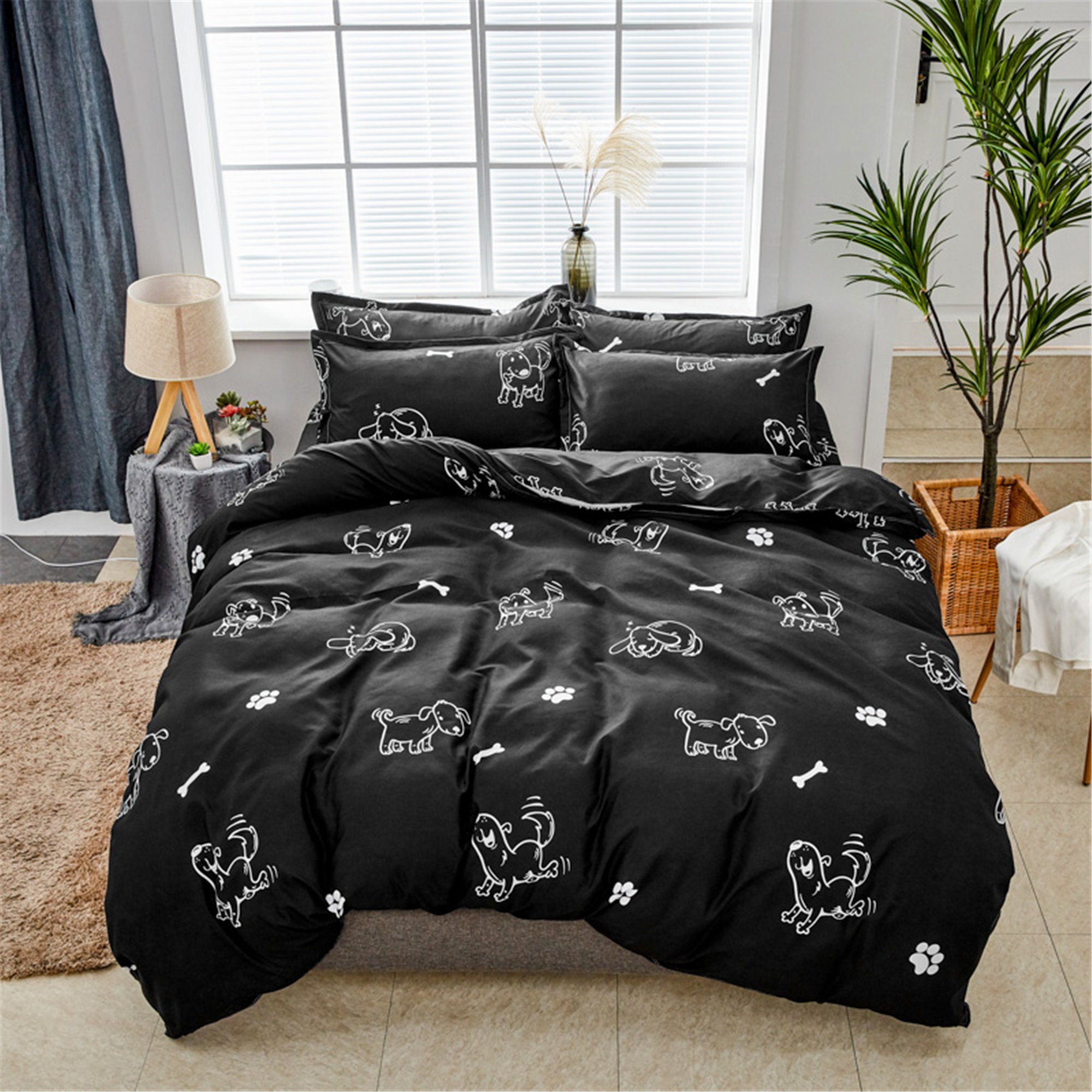 Dogs Print Duvet Cover Black Concise Bedding Set Queen King Etsy