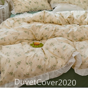 5 Color-100% Cotton Beige Floral Duvet Cover Full/Queen With Falbala Duvet Covers Set,Quilt Cover Zipper Closure,3 pc Set Beddings Queen