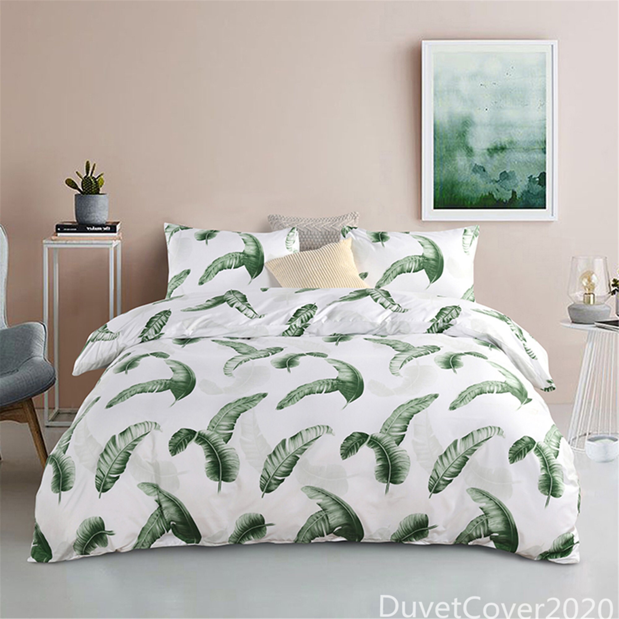 White Duvet Cover Green Feather PrintDuvet Cover Queen Twin | Etsy