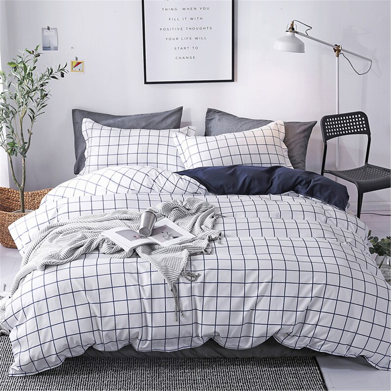 Navy Dark Blue Plaid Duvet Cover Queen Twin US Bedding Set Etsy