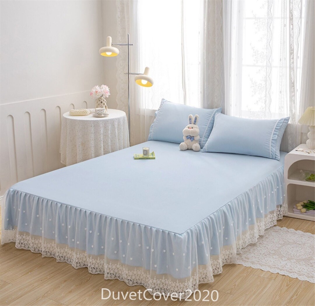 Elegant Lace Bed Skirtruffle Pillowcases,blue/white/gray/pink/yellow