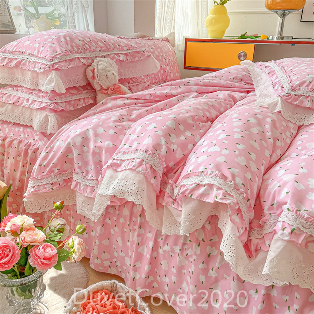 4 PC Set Pink Floral Lace Duvet Cover Twin/full,ruffles Duvet Covers