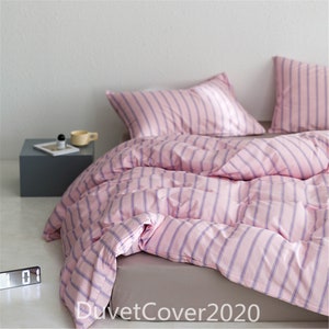Minimalist Cotton Pink/Gray/Blue/Green Striped Duvet Cover Full Queen,100% Cotton Duvet Covers Bedding Set Dorm,Pillowcases