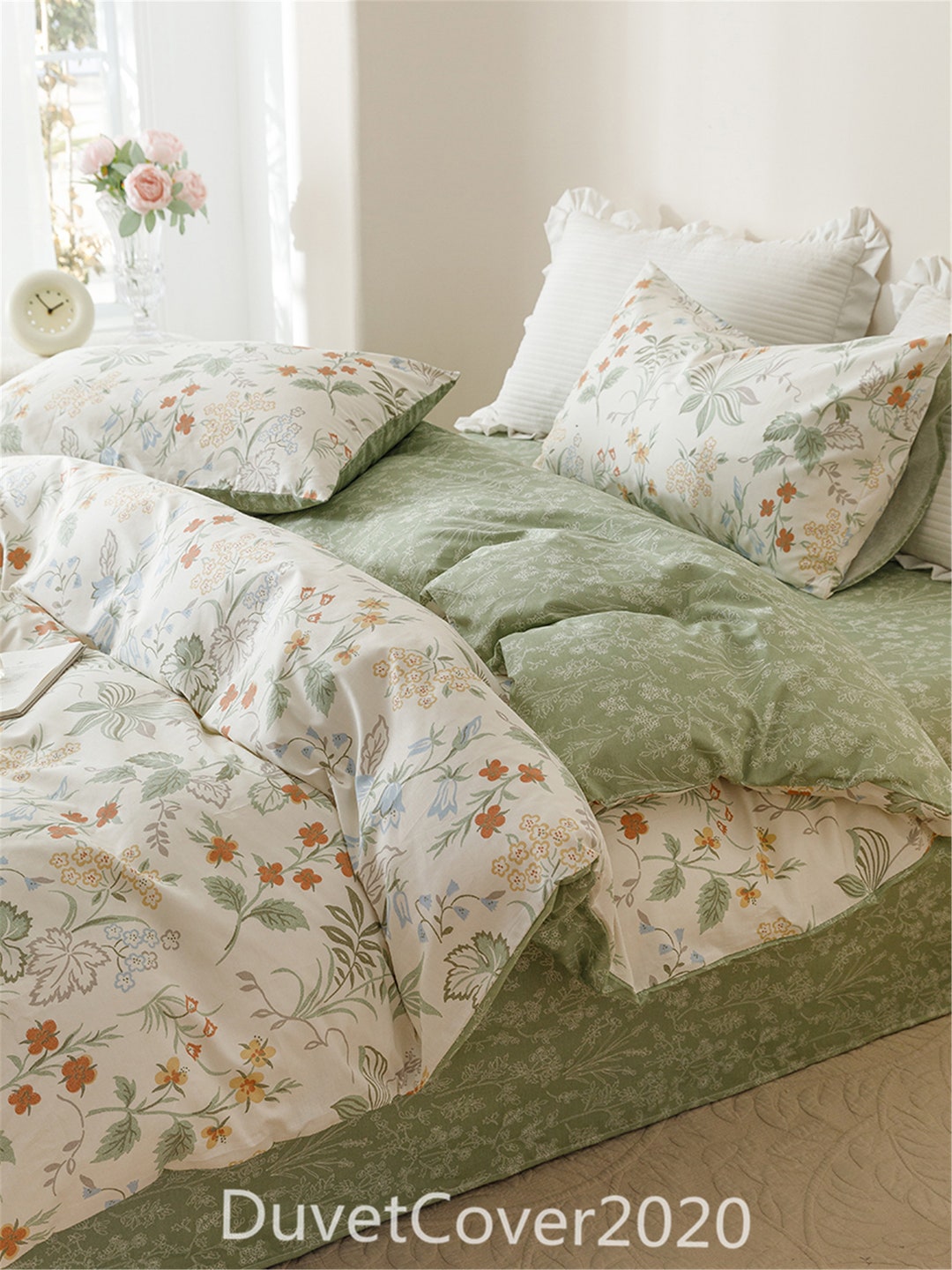 Blush/green Floral Duvet Cover Queen/twin/full/single,100 Cotton Duvet