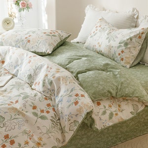 Blush/Green Floral Duvet Cover Queen/Twin/Full/Single,100% Cotton Duvet Covers,Dorm Cotton Bedding Set,Quilt Covers,Shame Cover,Fitted Sheet