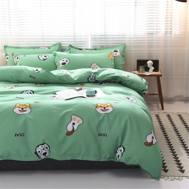 Fresh Cute Dog Print Duvet Cover Green Soft Duvet Cover Queen Etsy