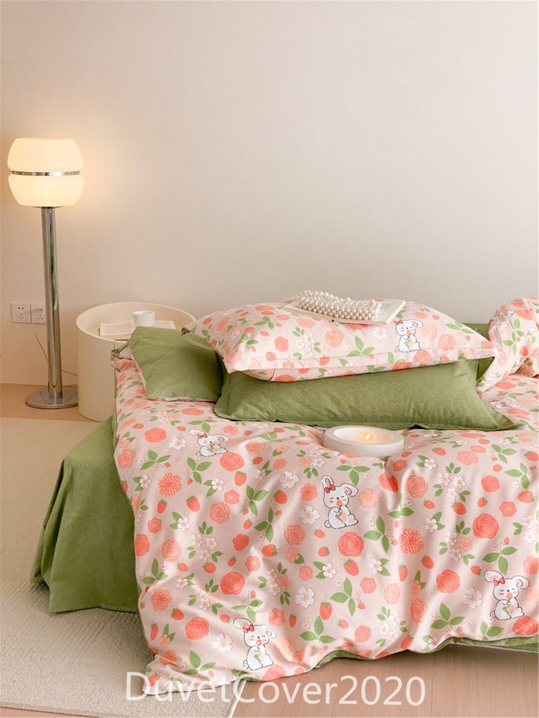 2023 New Pink Floral Duvet Cover Queen/twin/full/king With Rabbites,100