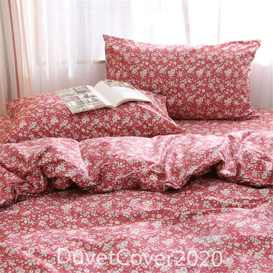 Dark Red 100 Cotton Duvet Cover Twin/full/queen Floral Duvet Etsy
