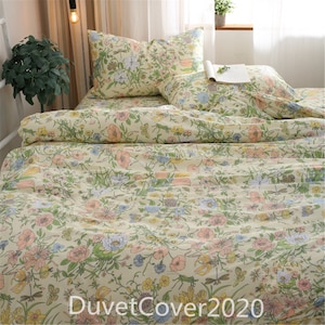 Beige Green Floral Duvet Cover Twin/Full/Queen/King,100% Cotton Duvet Covers Bedding Set,Quilt Cover Zipper Closure,Pillowcase,3 pc Beddings