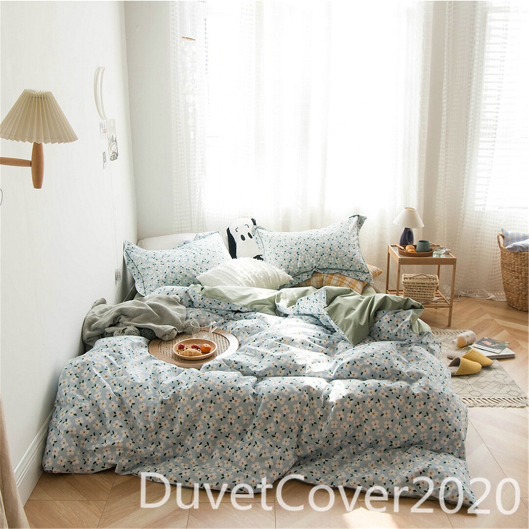 Blue Floral Duvet Cover 100 Cotton,4pc Cotton Bedding Set,duvet