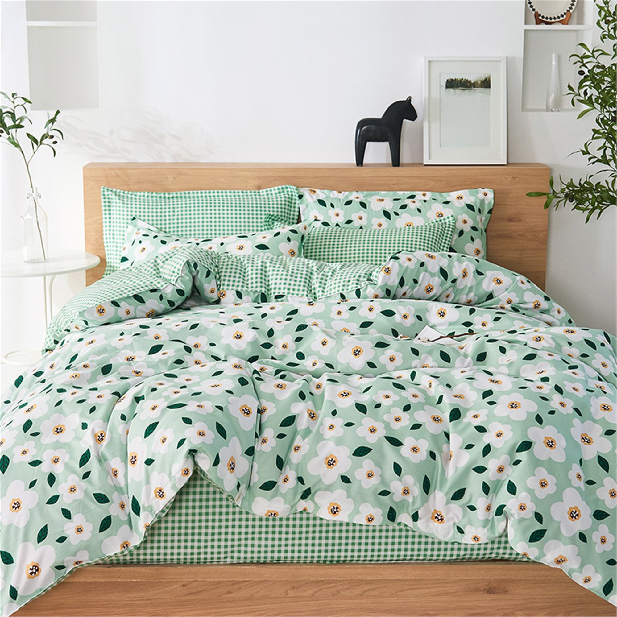 Fresh Duvet Cover Green Floral Plaid Duvet Cover Twin Queen Etsy