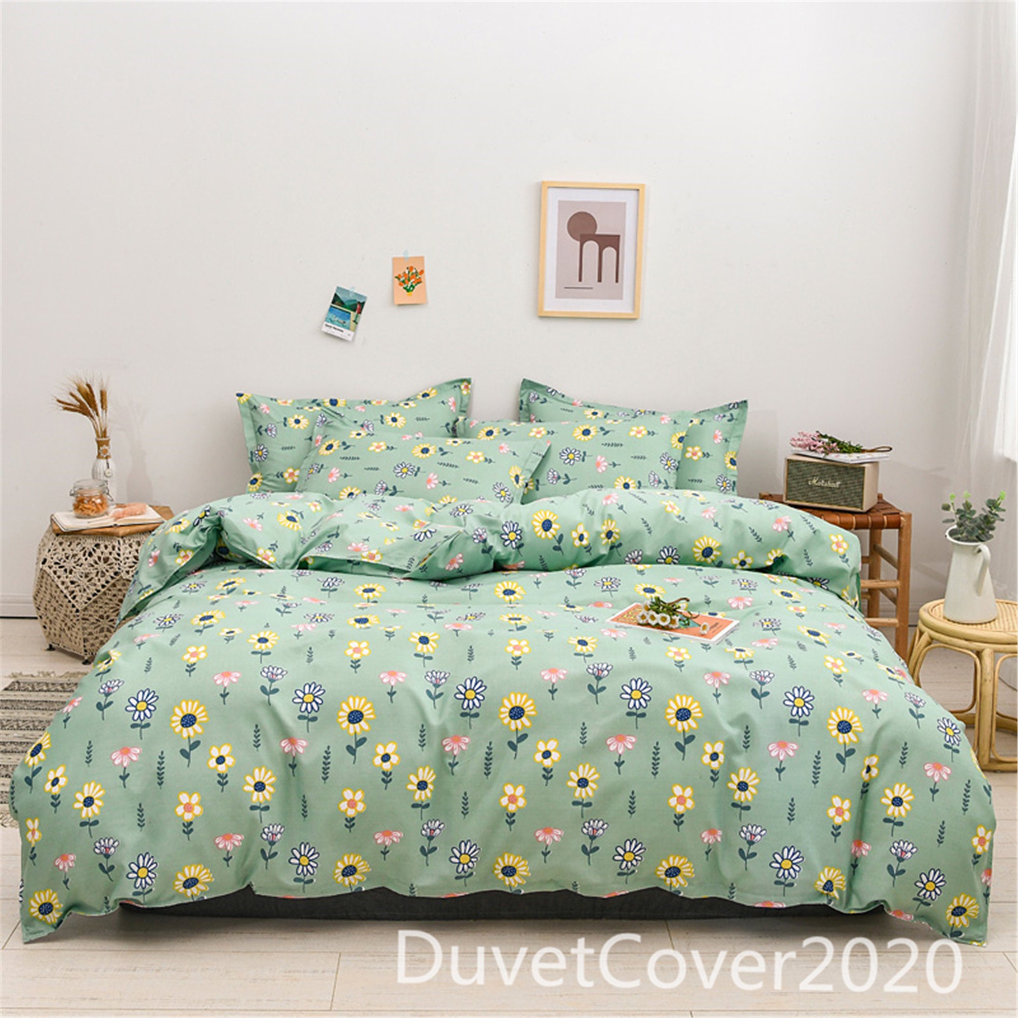 Green Floral Duvet Cover Queenduvet Covers Etsy