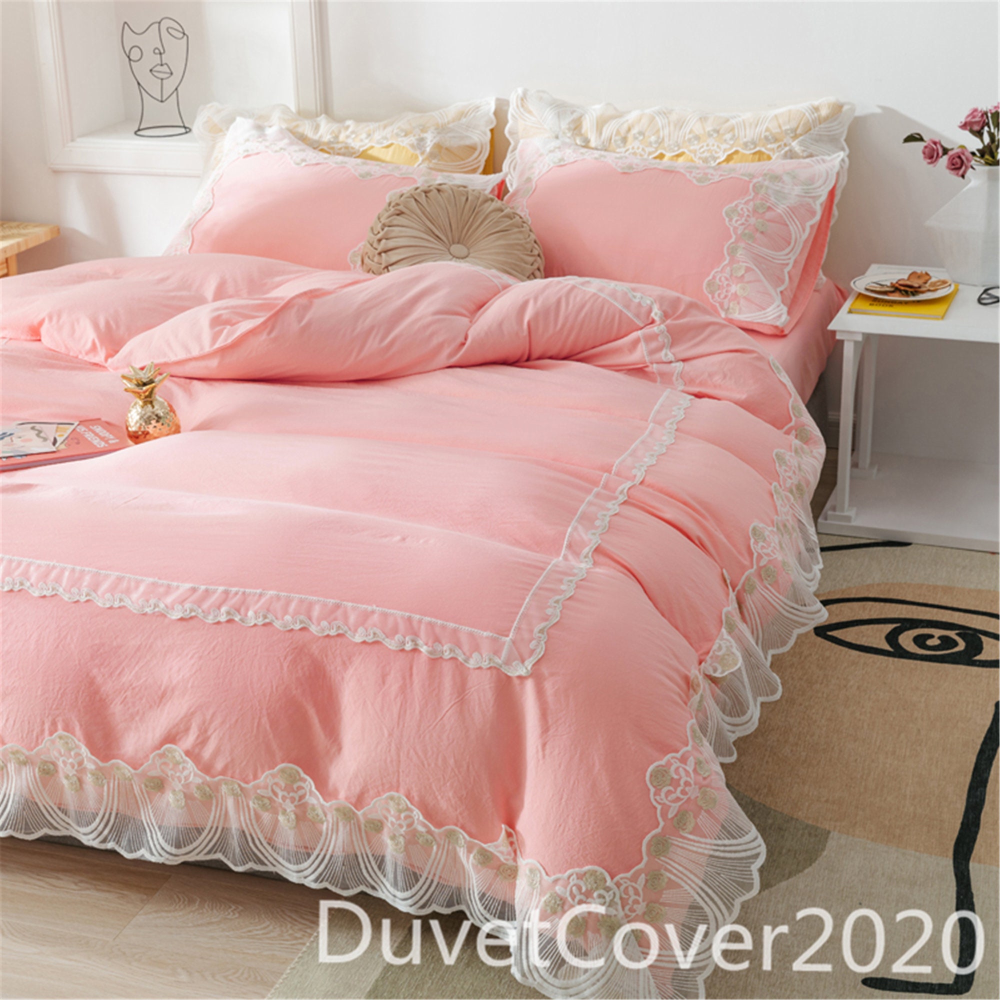 Lovely Bright Pink Duvet Cover Full With Lace Decorduvet Etsy