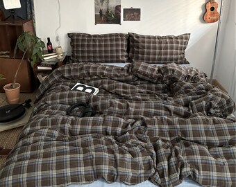 Coffee Blue Plaid Duvet Covers Full Queen Single,100% Cotton Duvet Cover Unisex,Duvet Covers Set With Pillowcases,3 PC Set Bedding