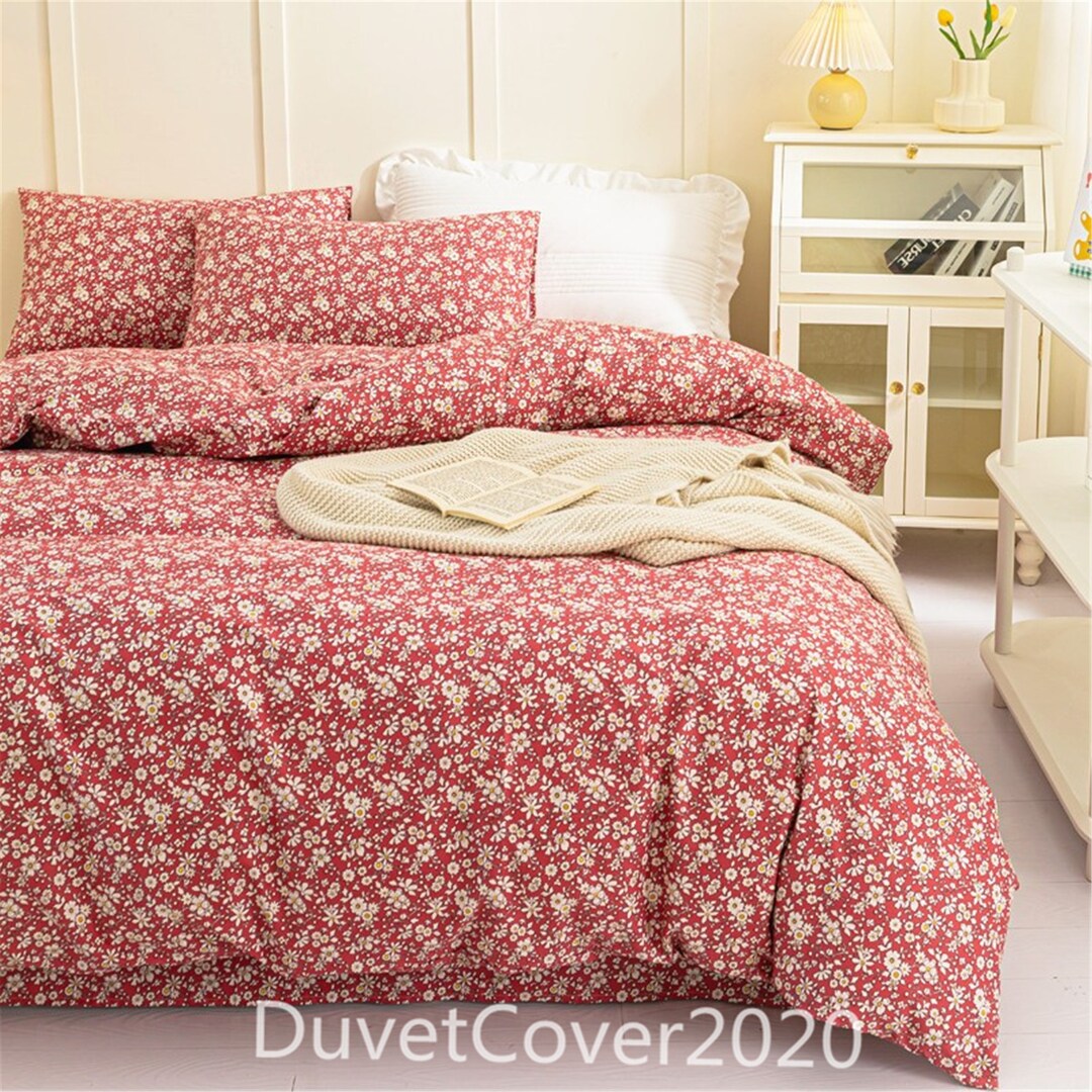 Red Floral Duvet Cover Twin/full/queenbedding Set Etsy